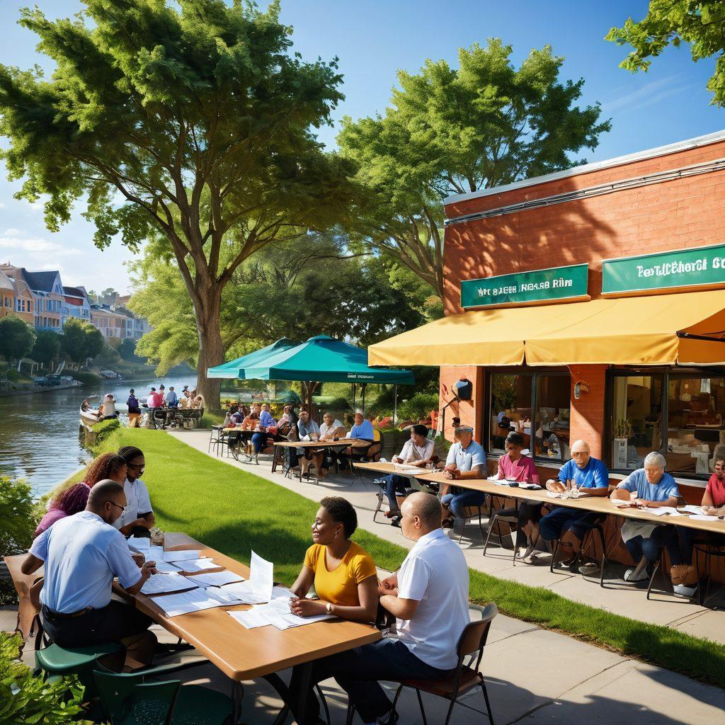A vibrant community scene along a riverside, showcasing diverse individuals engaging in health education activities, such as workshops and discussions about cancer care. Include symbols of taxation services, like tax forms and calculators, integrated into the background. A peaceful and empowering atmosphere with lush greenery and colorful awnings. super-realistic. vibrant colors. warm daylight.
