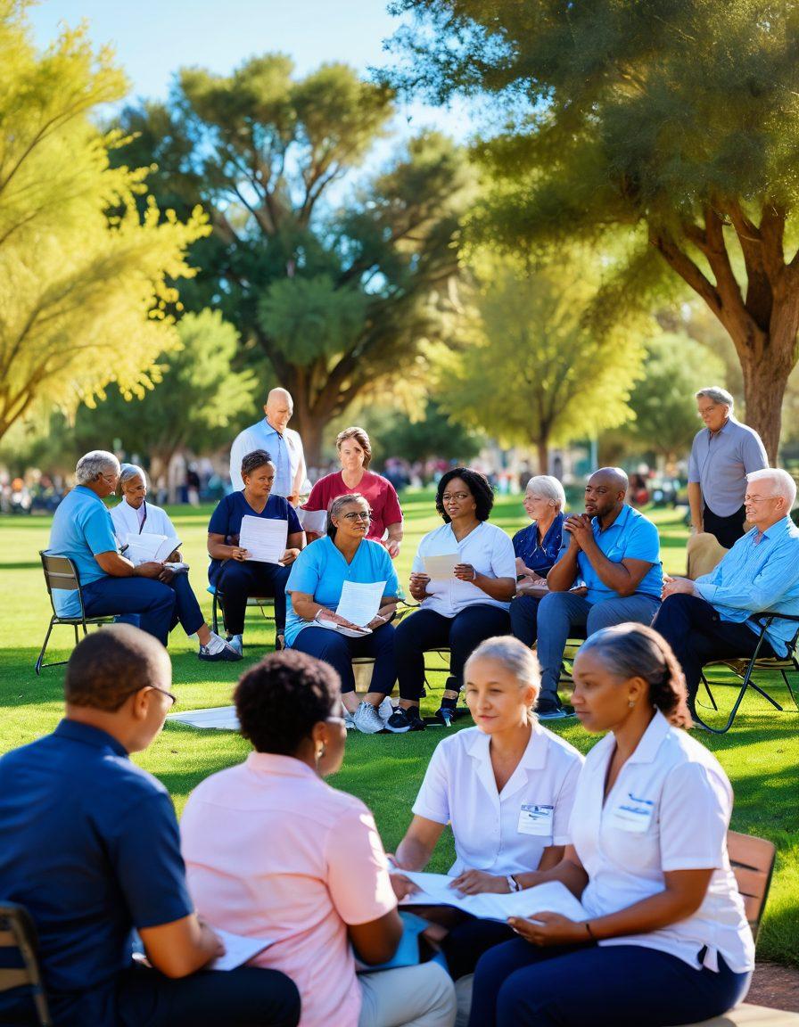 A soothing scene of a diverse group of people in Riverside County, gathered in a supportive environment, discussing cancer care and tax relief. Include visuals of medical documents, tax forms, and a serene park backdrop, symbolizing hope and community. The mood should be warm and inviting, showcasing compassion and support among residents. super-realistic. vibrant colors. soft focus.